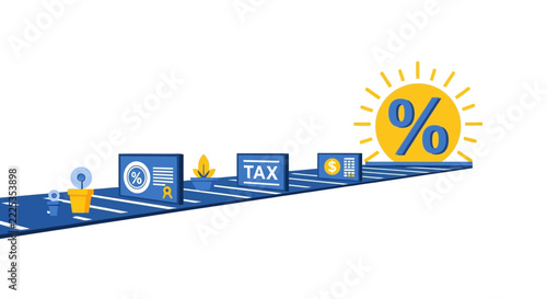 Financial Investment Path with Tax, Interest Rate, and Growth Icons Illustration
