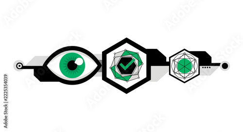 Abstract flat design illustrating biometric eye scanning and data verification for cybersecurity and technological surveillance.
