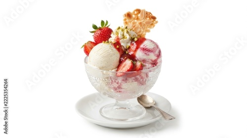 A delectable ice cream sundae is displayed, featuring a glass bowl filled with vanilla ice cream, topped with vibrant strawberries, a wafer, and a scoop of pink raspberry ice cream.