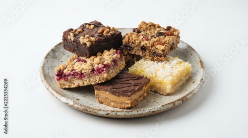 A rustic plate holds four distinct treats: a chocolate bar with nuts, a cranberry oatmeal bar, a peanut butter bar, and a coconut bar.