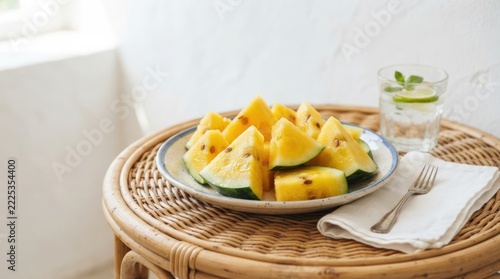 A round wicker table holds a plate of sliced watermelon, accompanied by a clear glass of water garnished with mint leaves.