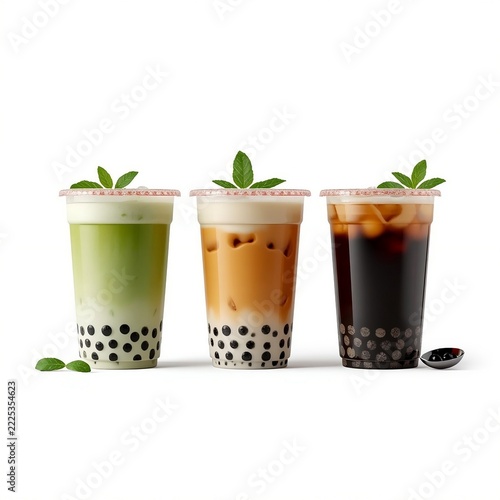Collection of three iced tea beverages in clear plastic cups in 3D minimal style