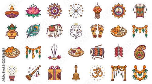 Diwali Thin Line Icon Set with 25 Hindu Festival of Lights and Traditional Celebration Symbols