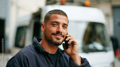 Smiling Service Technician Talking on Phone Beside Work Van Created with Generative AI Technology AI Generative