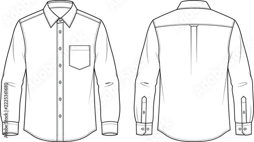 Mens Long Sleeve Button Down Shirt Technical Fashion Flat Sketch, Front and Back View, Apparel Design Template