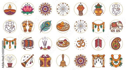 Indian Diwali Festival Flat Line Icon Set with Diyas, Lotus Flowers, Indian Sweets and Religious Symbols
