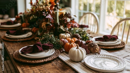 Autumn farmhouse dining table with pumpkins and burgundy napkins for a festive dinner