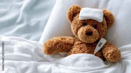 Sick teddy bear in bed with a cooling compress and digital thermometer