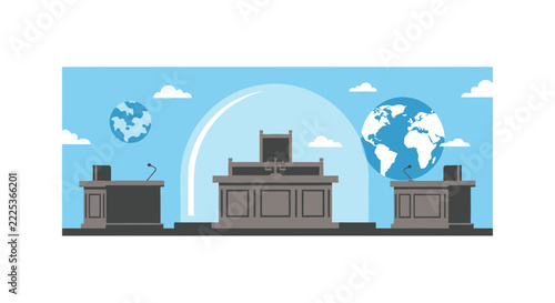 International Courtroom Flat Vector Illustration with Globes and Scales of Justice
