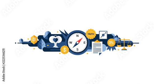 Business Ethics and Moral Compass Concept Illustration with Corporate Values Icons