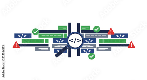 Software Code Analysis and Debugging Illustration with Magnifying Glass and Error Icons