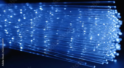 Close-up of glowing blue fiber optic cables symbolizing high-speed data.
