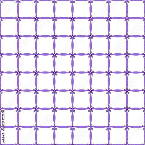 Seamless grid pattern with purple floral nodes and intersecting lines on white background