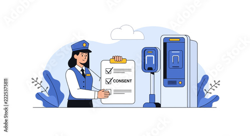 Security Officer Holding Consent Checklist Form Near Digital ID Scanner Illustration