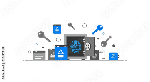 Cybersecurity and Biometric Data Protection Concept with Safe Fingerprint Scanner and Keys Illustration