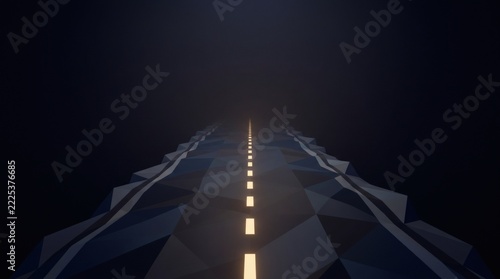 Low Poly Geometric Asphalt Road Highway Stretching into Foggy Dark Horizon