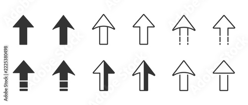 Upload vector icons set. Vertical arrows icons. Arrows directed upward icons