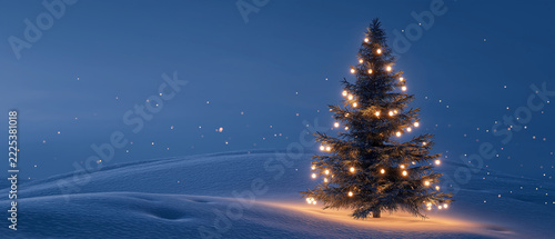 Magical Winter Night: A solitary Christmas tree adorned with twinkling lights glows warmly on a snow-covered hill under a clear, starry night sky, creating a scene of serene winter enchantment.