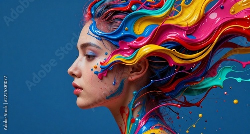 Portrait Of A Woman With Abstract Colorful Liquid Paint Hair
