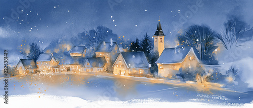 Winter Village at Night: A cozy winter village illuminated by warm lights from windows and a church steeple, under a snowy sky with falling snowflakes.