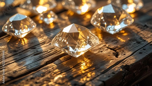 Sparkling Diamond Crystals On Rustic Weathered Wooden Surface