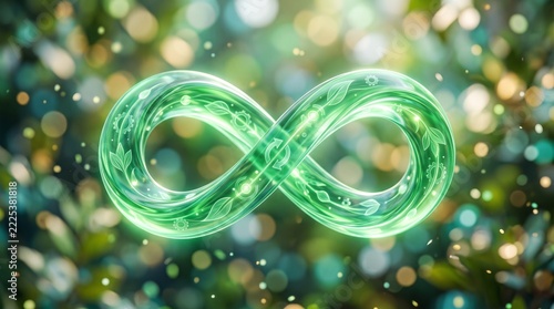 Glowing green infinity symbol for circular economy and sustainability.