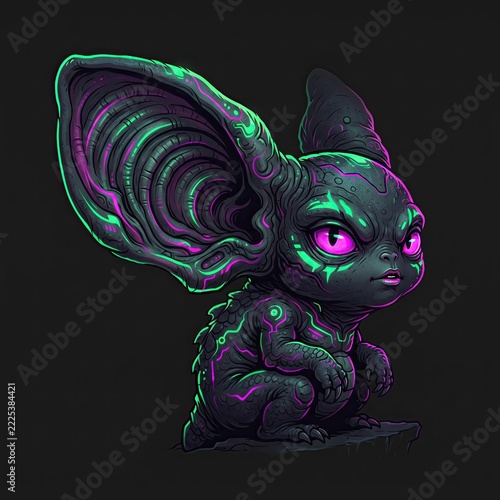 Eerie dark imp monster character with massive ear and green eye