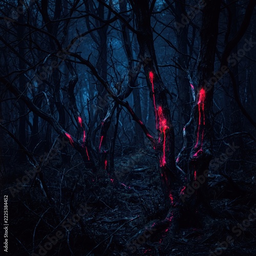Enchanted halloween woods landscape featuring glowing neon purple tree outlines 