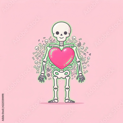 Adorable halloween skeleton standing with a giant pink heart in chest