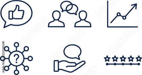 Executive icon set with like, chat, feedback, and growth symbols featuring icons, business