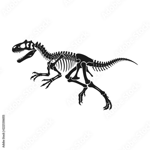 Black silhouette of a running theropod dinosaur skeleton fossil vector illustration
