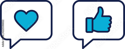 Feedback icons set with heart and thumbs up symbols in speech bubble outlines featuring up, social