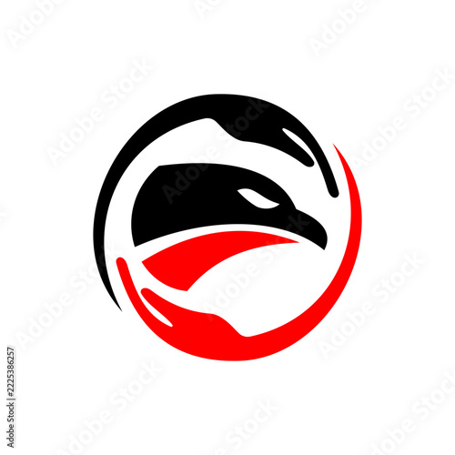 Stylized black and red eagle head logo embraced by two hands in a circular design.