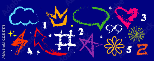 Set of Colorful Hand Drawn Doodle Elements with Grunge Texture on Blue Background. Vector Illustration Design