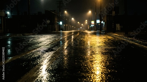 Wet City Road at Night Reflecting Glowing Streetlights