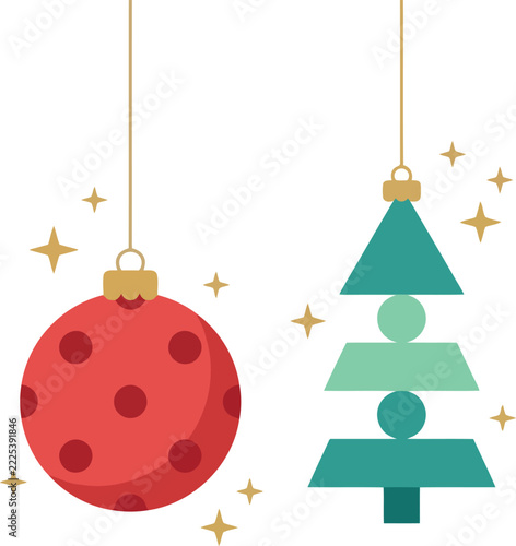 Christmas ornaments vector set featuring red bauble and geometric tree