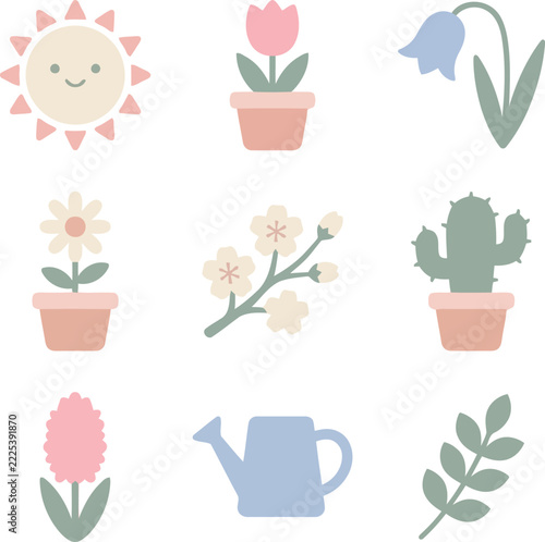 Spring garden icon set featuring flowers cactus sun and watering can