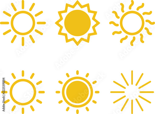 Sun icons set featuring various solar shapes for weather and UI design