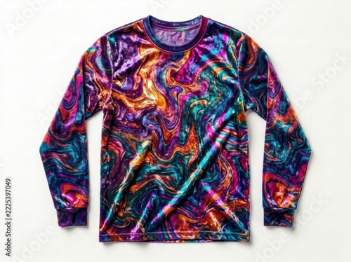 Colorful velvet long sleeve shirt with psychedelic swirl pattern against a clean white background