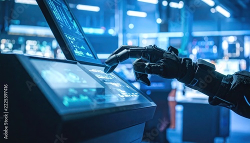 Robotic Hand Interacting with Futuristic Digital Display in a High-Tech Control Room