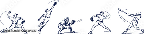 Baseball Players Vector Set with Pitching, Catching, and Batting Action Poses