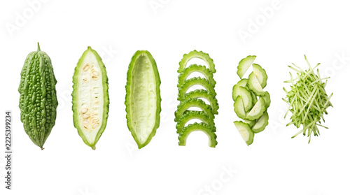 Slices and Sections of Bitter Melon, featuring slicing, vegetable, healthy food, fresh produce, nutrition, asian cuisine, cooking preparation, raw ingredients