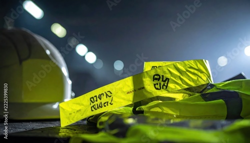 Construction Site Safety Gear: Hard Hat and High-Visibility Vest Laid Out