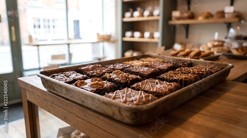 Fresh baked brownies on bakery tray in cozy cafe setting for dessert
