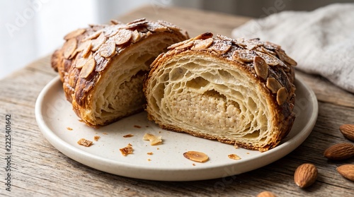 Fresh sliced almond croissant on plate for breakfast or bakery display