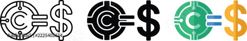 Digital currency exchange icon set showing cryptocurrency equivalent to dollar