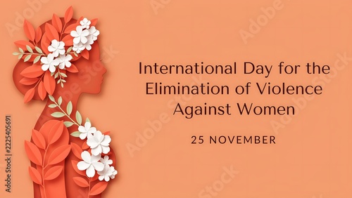 A paper craft composition featuring a woman's profile decorated with many white flowers and leaves, for the international day for the elimination of against women