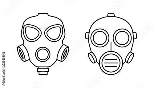 Gas mask icons set, protective equipment for hazardous environments.