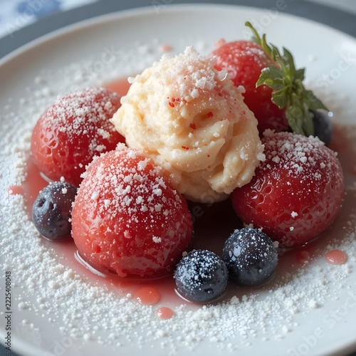A fruit and cream dessert and a scoop of cream dusted with powdered sugar on a decorative plate.