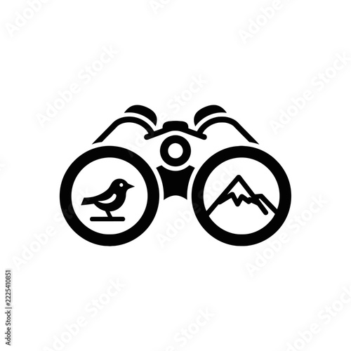 Binoculars Icon with Bird and Mountain Symbols for Outdoor Exploration
